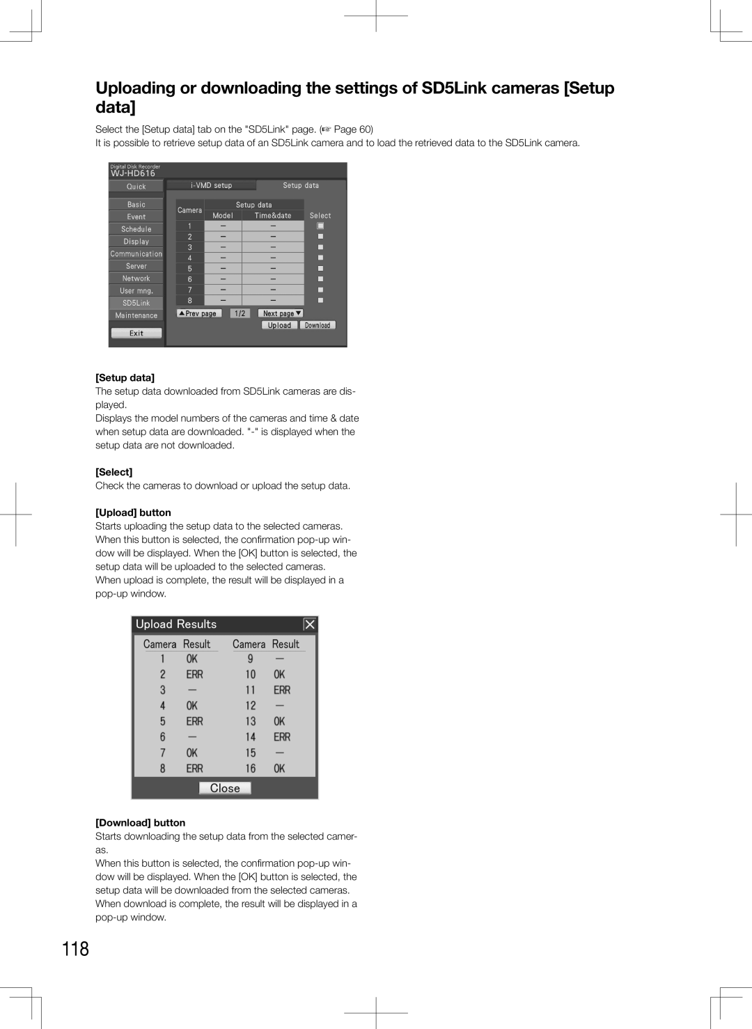Panasonic WJ-HD716K, WJ-HD616K manual 118, Setup data, Select, Upload button, Download button 