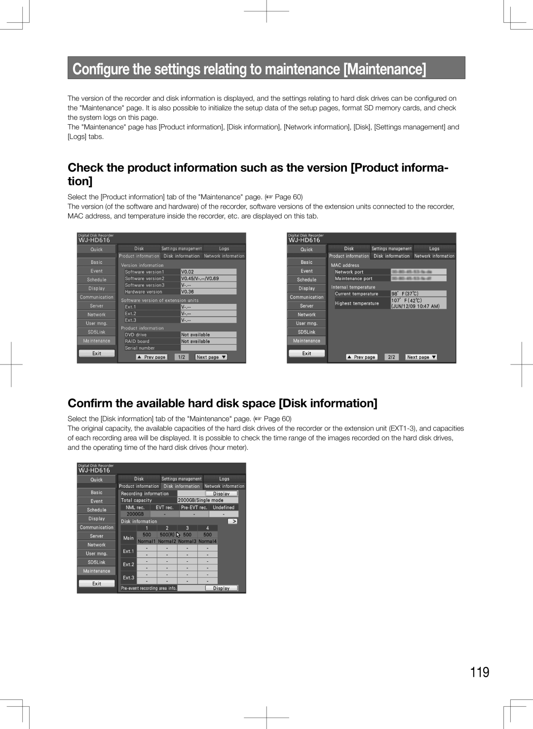 Panasonic WJ-HD616K, WJ-HD716K manual 119, Confirm the available hard disk space Disk information 