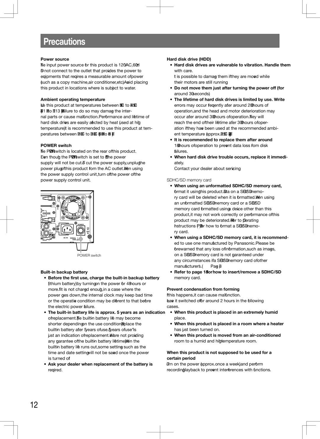 Panasonic WJ-HD716K, WJ-HD616K manual Precautions 