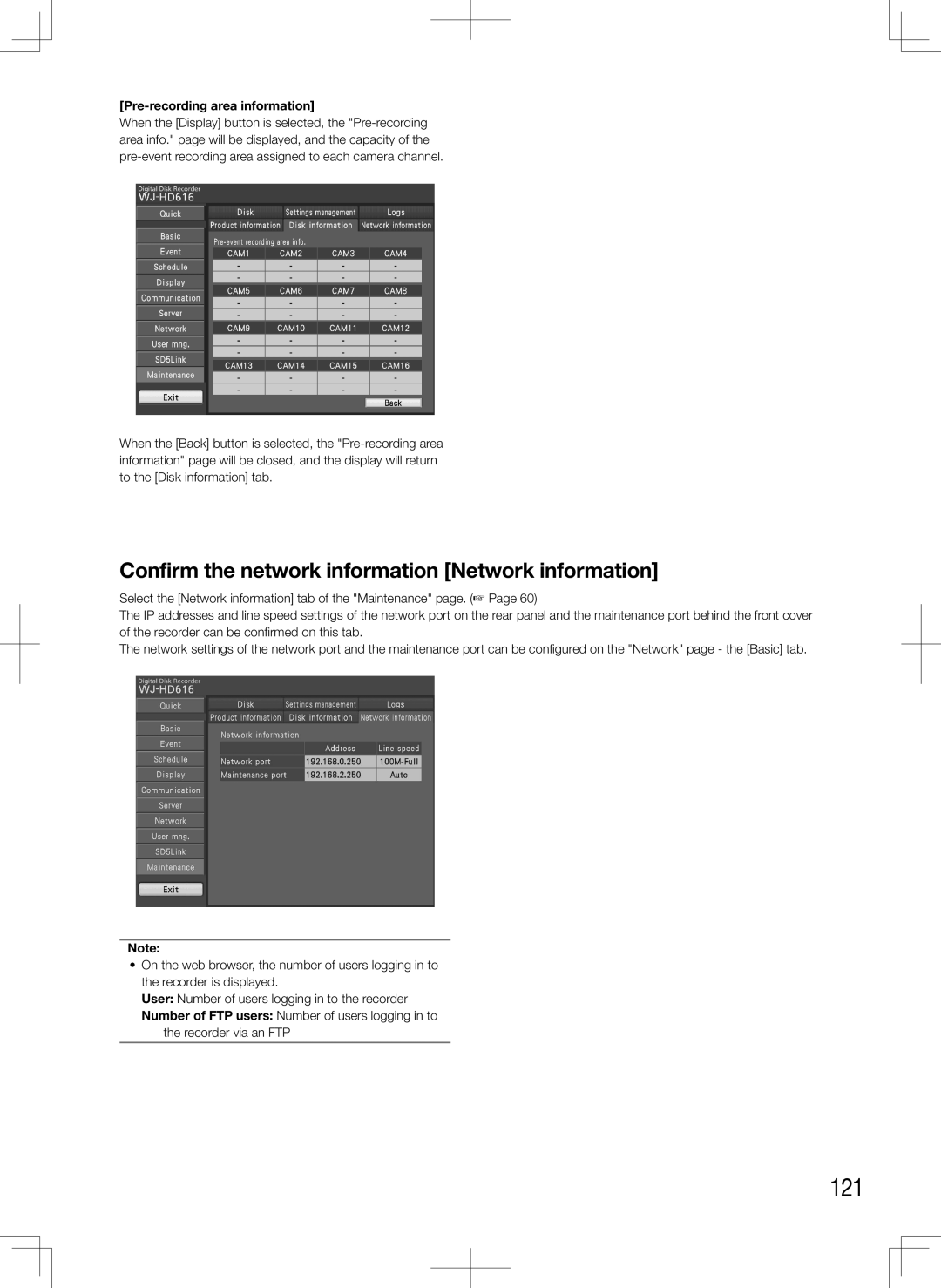 Panasonic WJ-HD616K, WJ-HD716K 121, Confirm the network information Network information, Pre-recording area information 