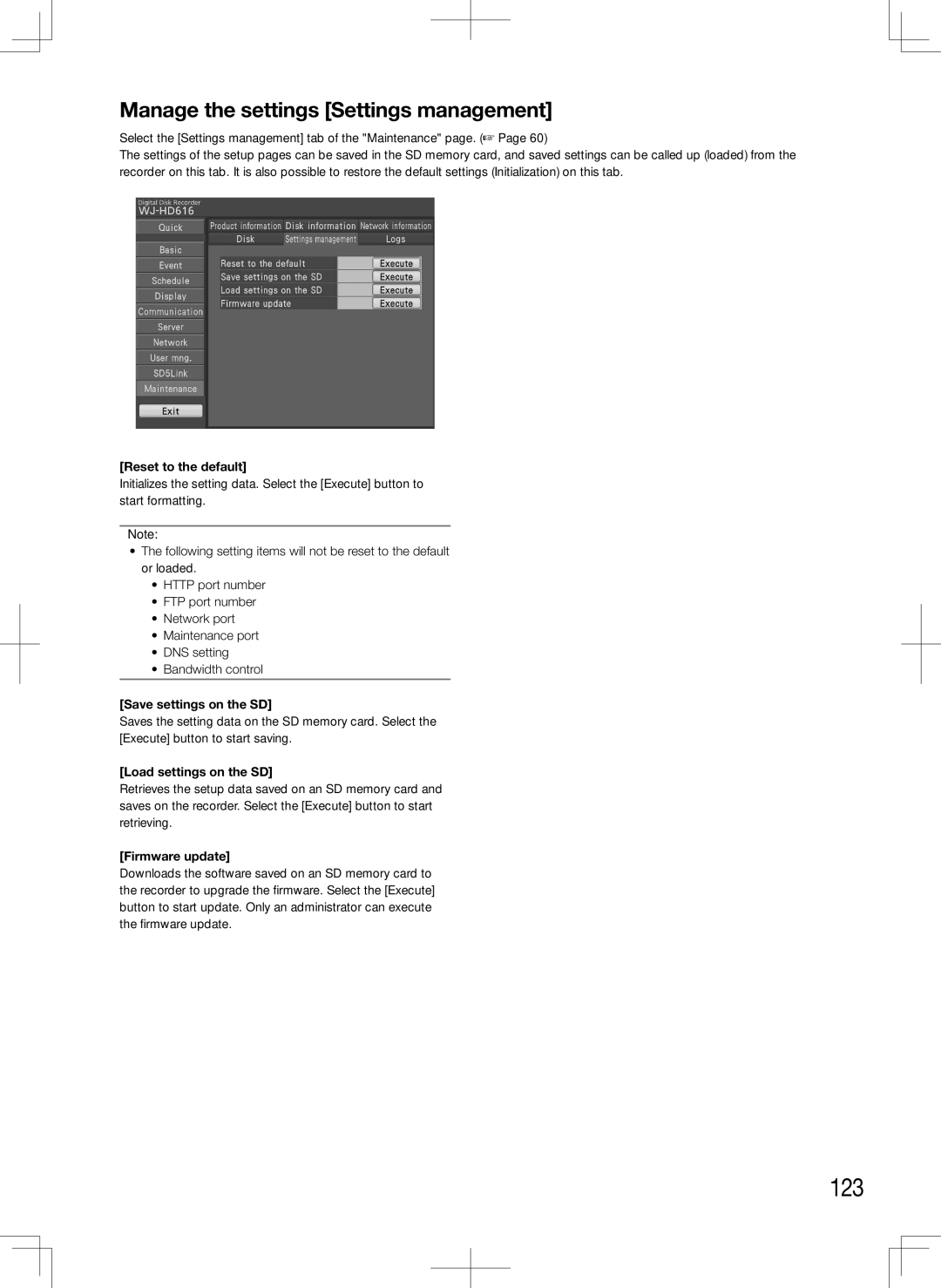 Panasonic WJ-HD616K, WJ-HD716K manual 123, Manage the settings Settings management 