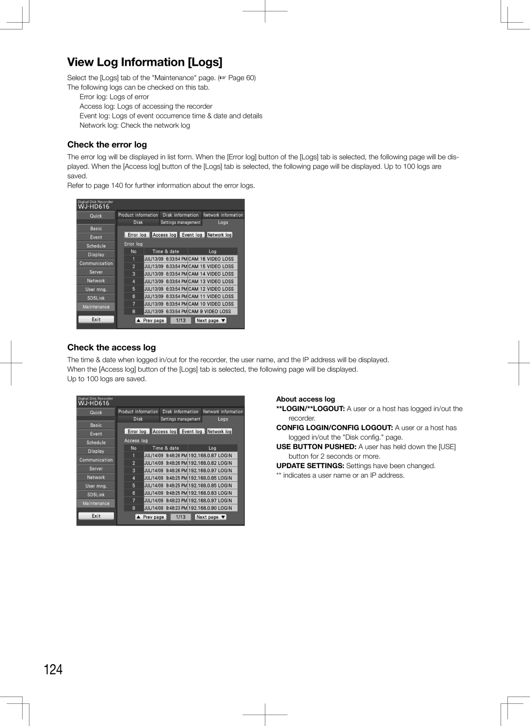 Panasonic WJ-HD716K, WJ-HD616K 124, View Log Information Logs, Check the error log, Check the access log, About access log 