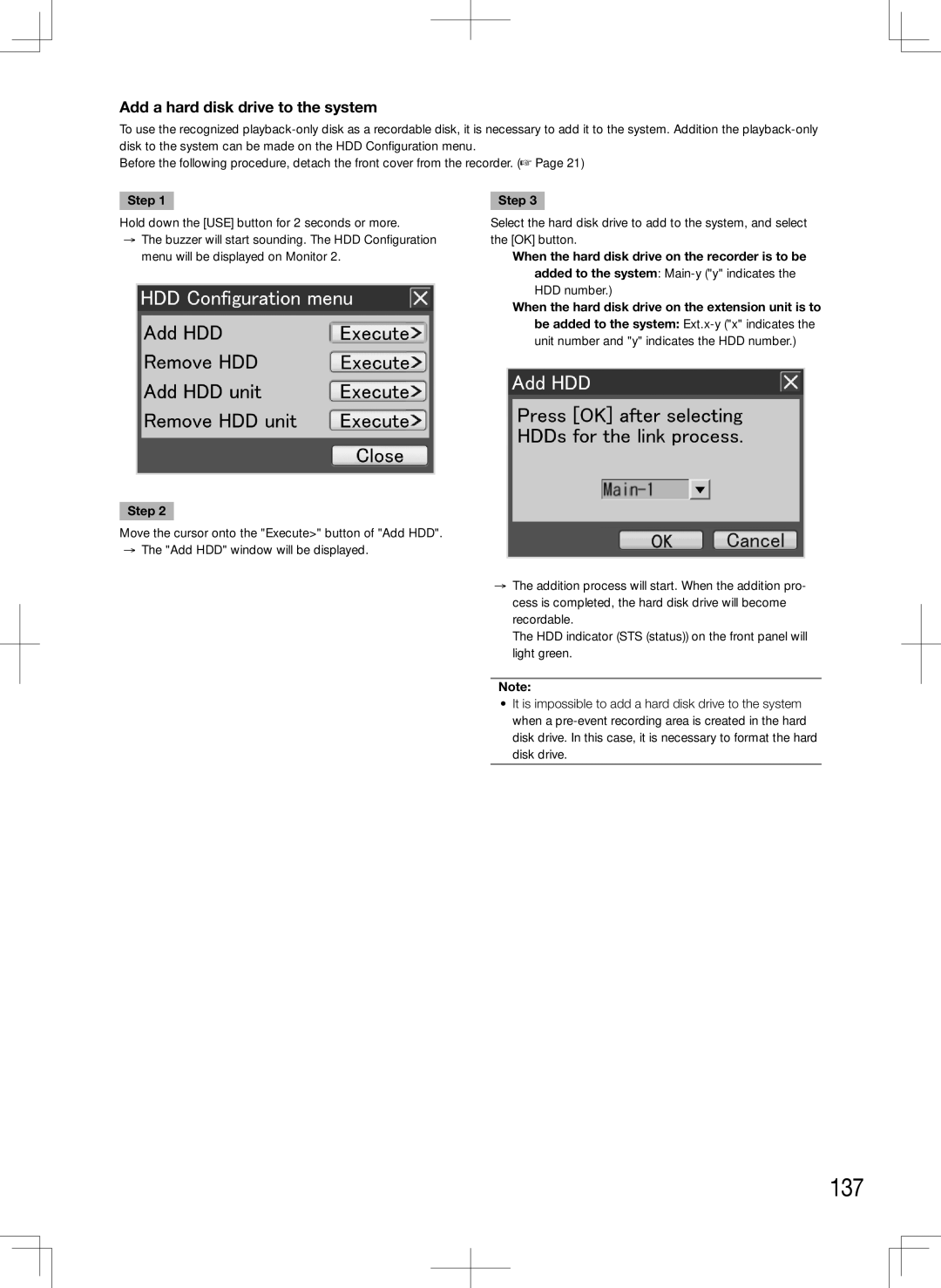 Panasonic WJ-HD616K, WJ-HD716K manual 137, Add a hard disk drive to the system, HDD number 