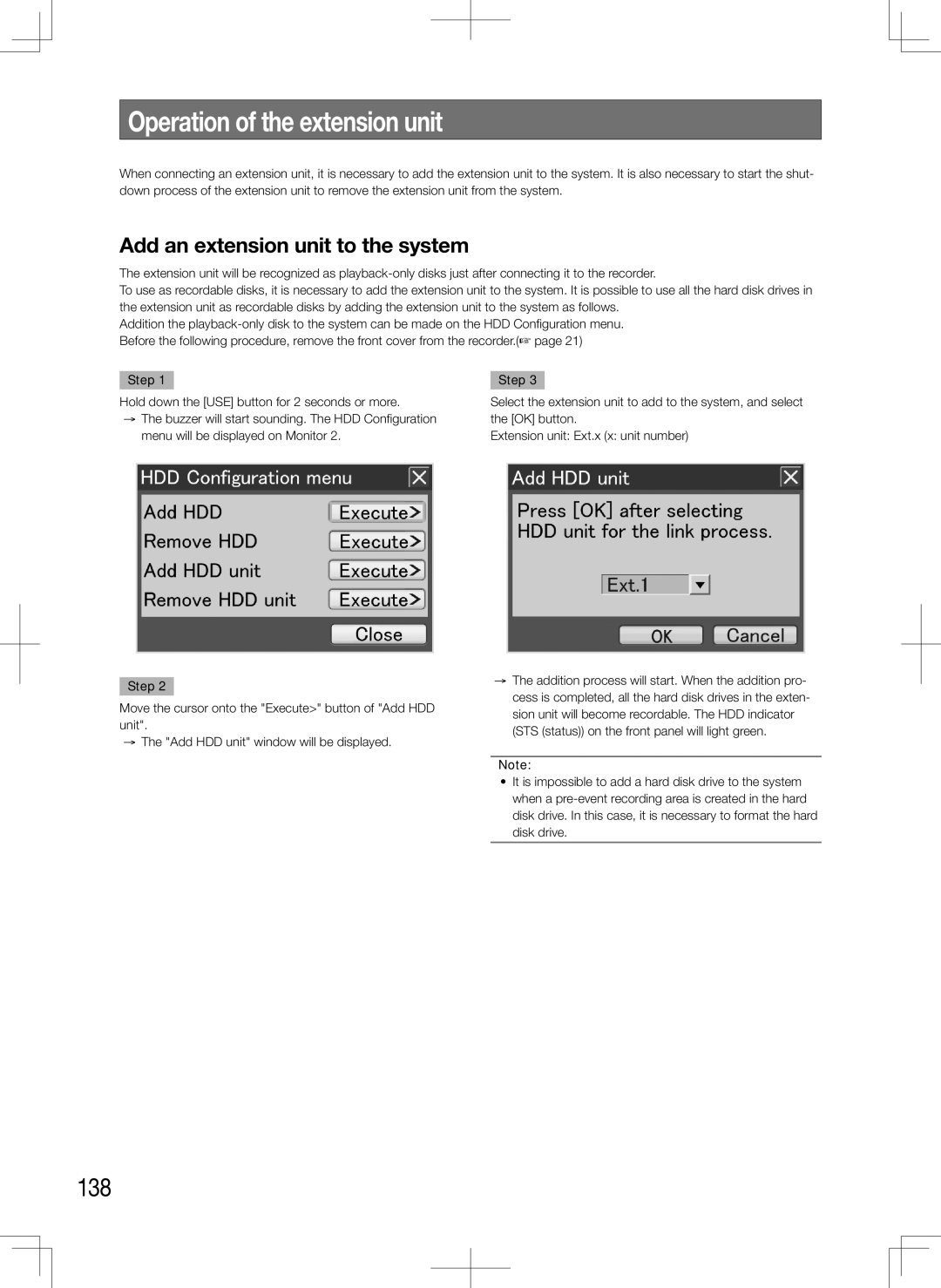 Panasonic WJ-HD716K, WJ-HD616K manual Operation of the extension unit, 138, Add an extension unit to the system 