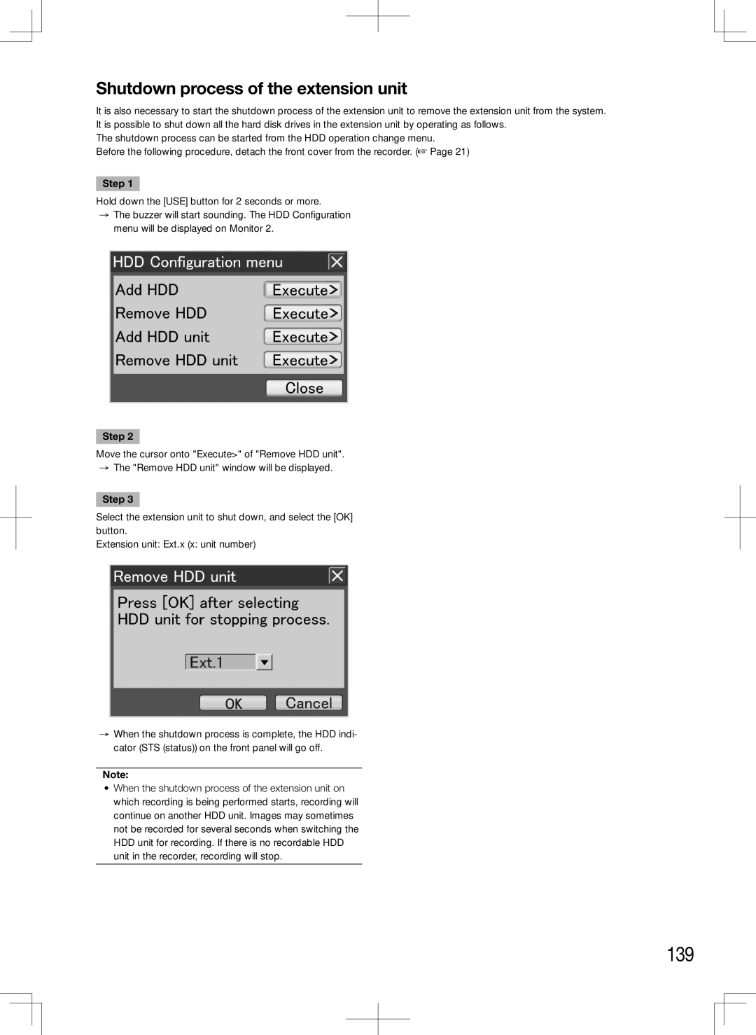 Panasonic WJ-HD616K, WJ-HD716K manual 139, Shutdown process of the extension unit 