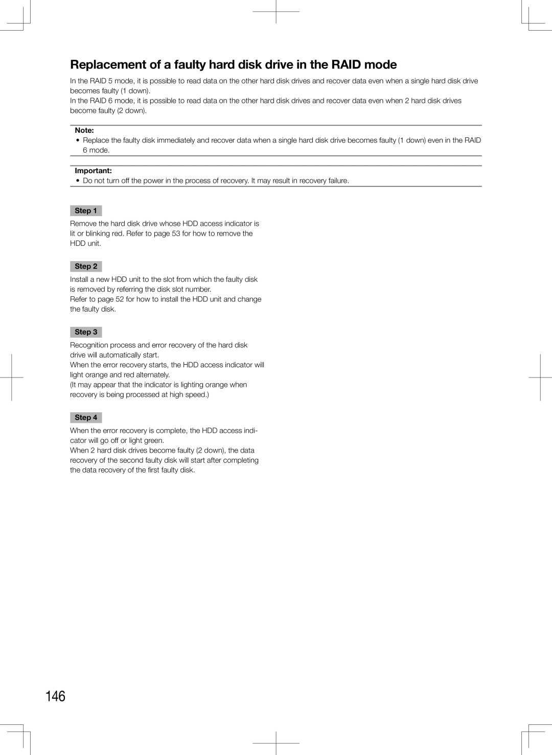 Panasonic WJ-HD716K, WJ-HD616K manual 146, Replacement of a faulty hard disk drive in the RAID mode 