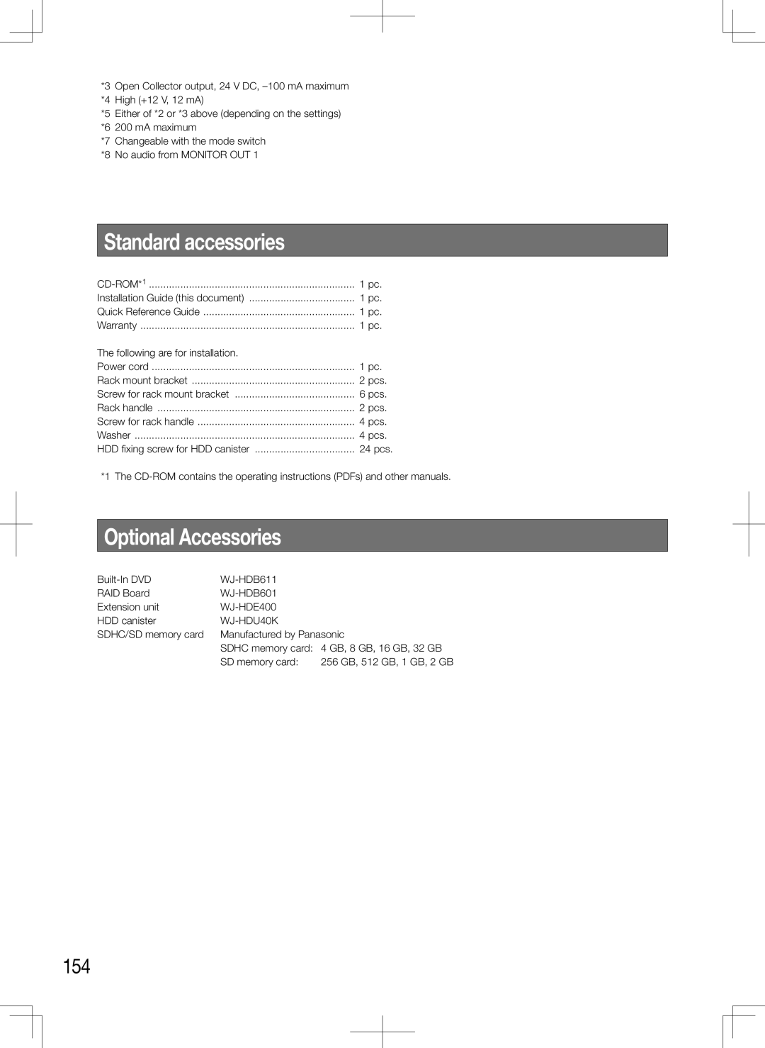 Panasonic WJ-HD716K, WJ-HD616K manual Standard accessories, Optional Accessories, 154 