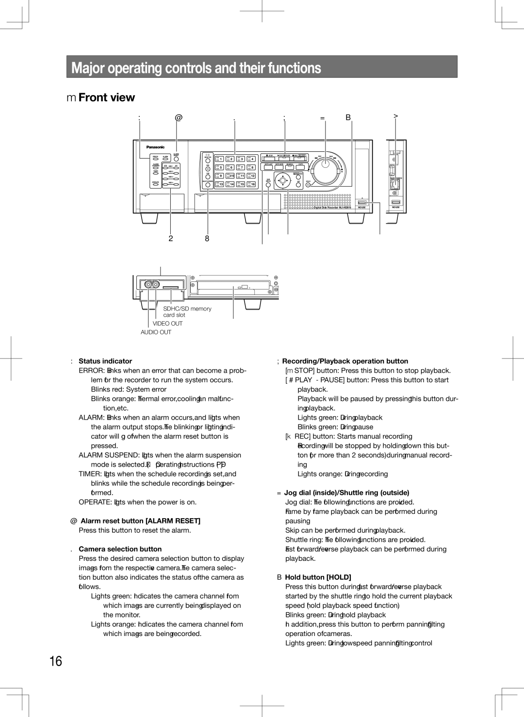 Panasonic WJ-HD716K, WJ-HD616K manual Major operating controls and their functions, Front view 