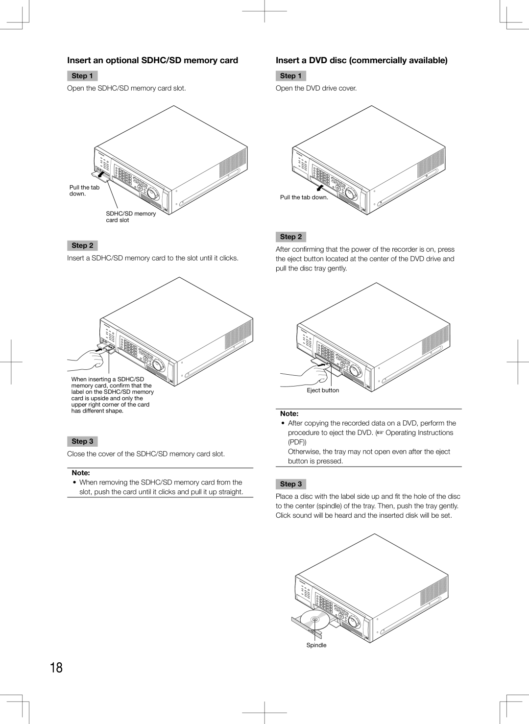 Panasonic WJ-HD716K, WJ-HD616K manual Insert an optional SDHC/SD memory card, Insert a DVD disc commercially available, Step 