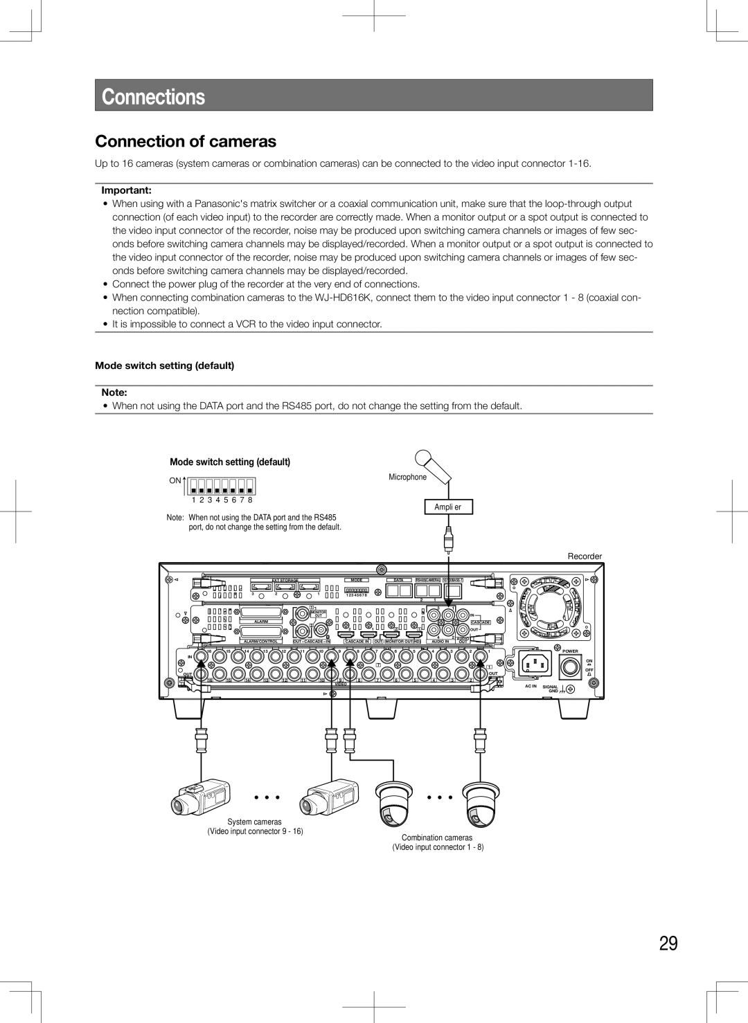 Panasonic WJ-HD616K, WJ-HD716K manual Connections, Connection of cameras, Mode switch setting default 