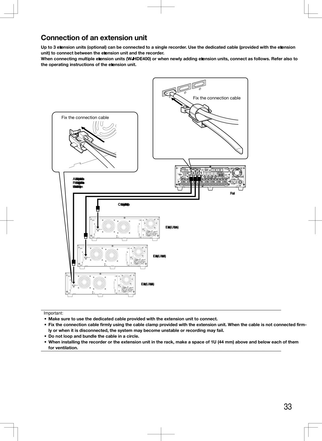 Panasonic WJ-HD616K, WJ-HD716K manual Connection of an extension unit, Fix the connection cable 