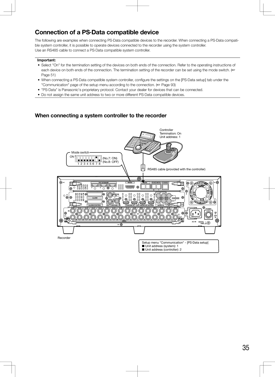 Panasonic WJ-HD616K manual Connection of a PS·Data compatible device, When connecting a system controller to the recorder 