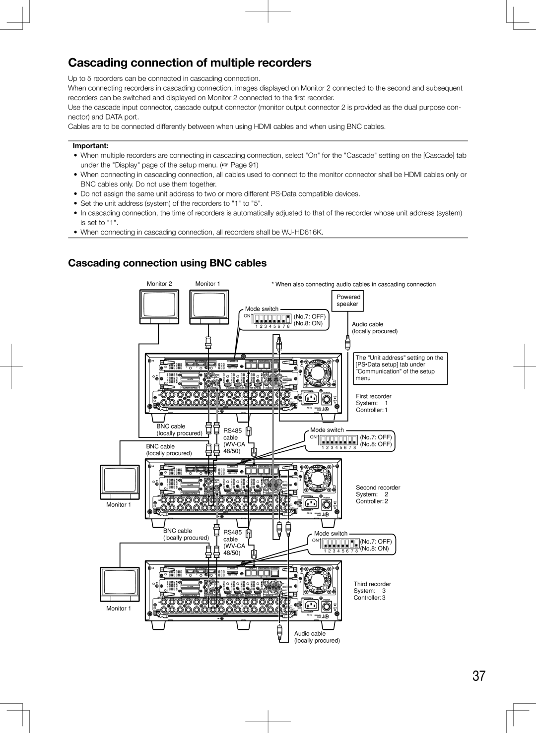 Panasonic WJ-HD616K, WJ-HD716K manual Cascading connection of multiple recorders, Cascading connection using BNC cables 