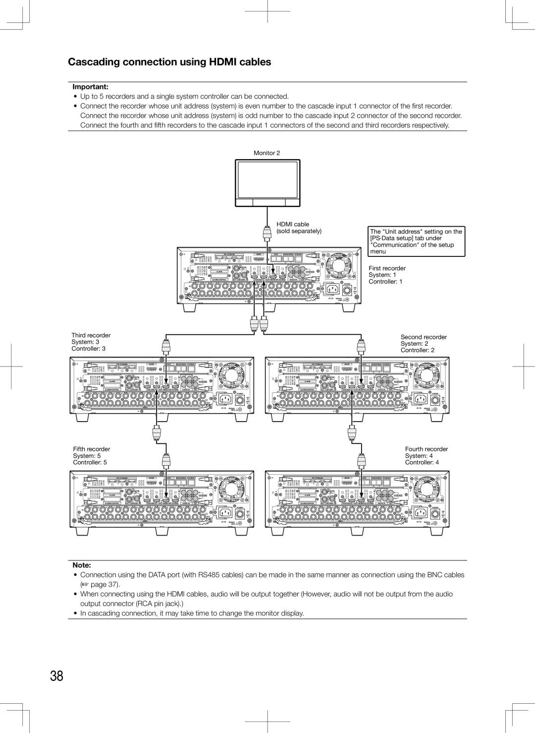 Panasonic WJ-HD716K, WJ-HD616K Cascading connection using Hdmi cables, Third recorder Second recorder System Controller 