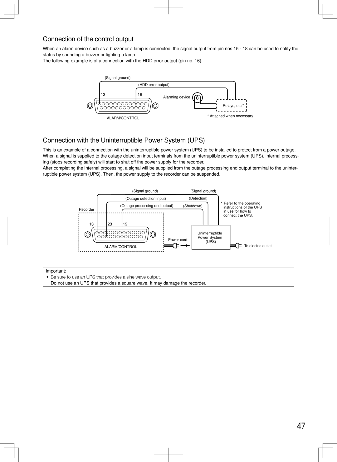 Panasonic WJ-HD616K, WJ-HD716K manual Connection of the control output, Connection with the Uninterruptible Power System UPS 