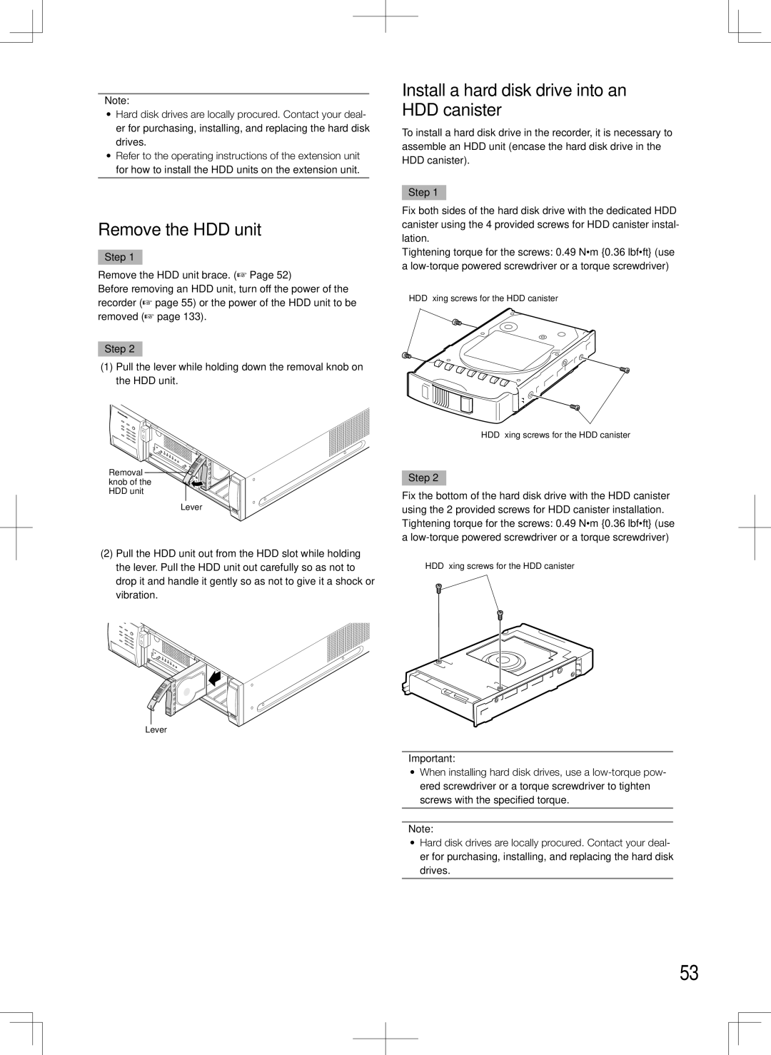 Panasonic WJ-HD616K, WJ-HD716K manual Remove the HDD unit, Install a hard disk drive into an HDD canister 