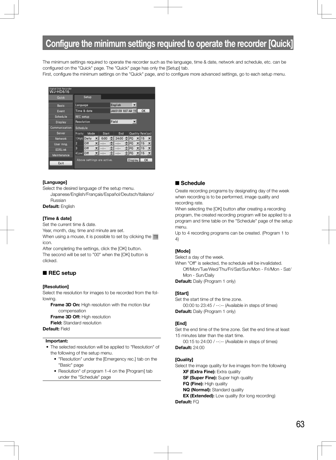 Panasonic WJ-HD616K, WJ-HD716K manual REC setup, Schedule 