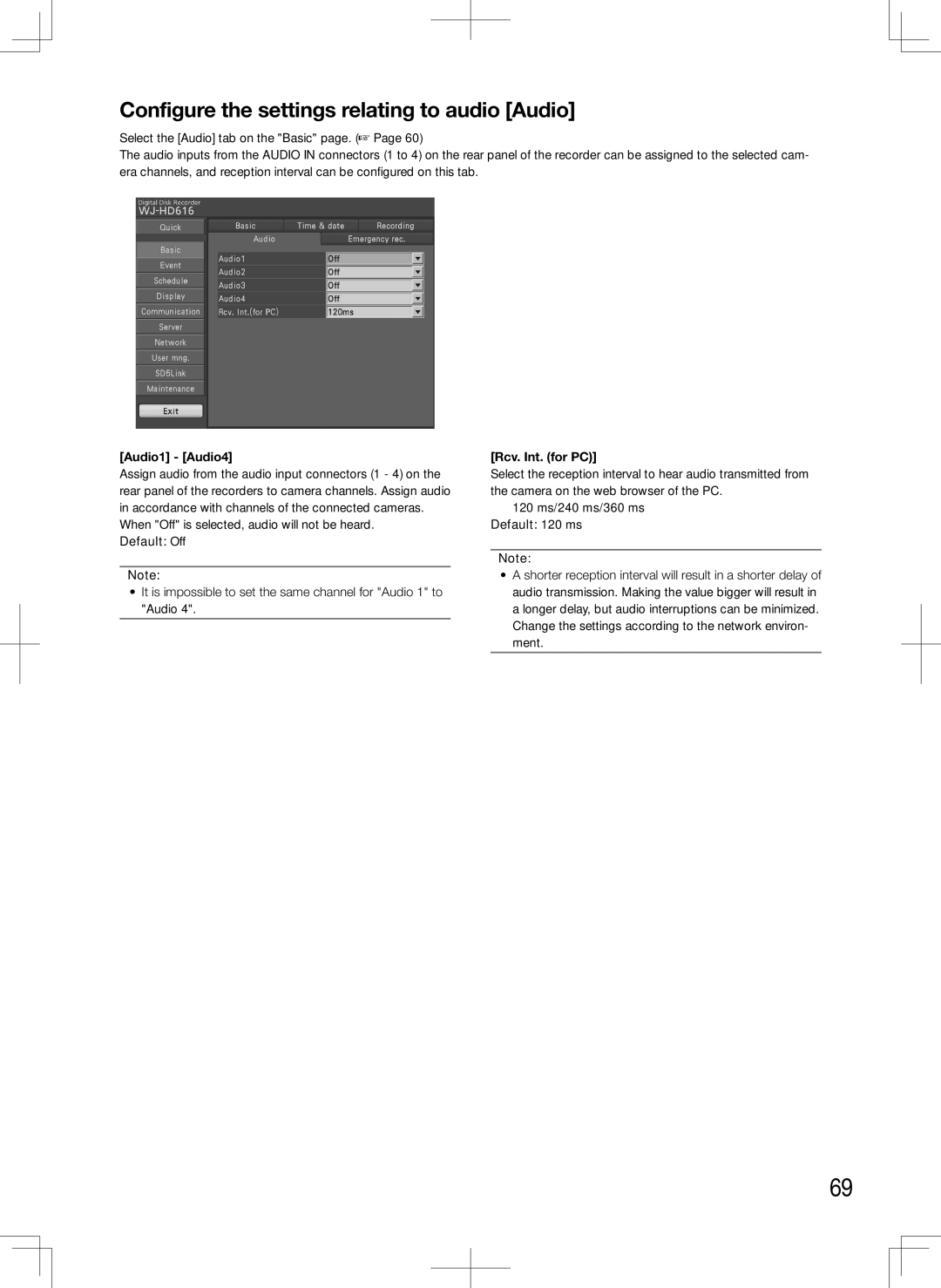 Panasonic WJ-HD616K manual Configure the settings relating to audio Audio, Audio1 Audio4, Default Off, Rcv. Int. for PC 