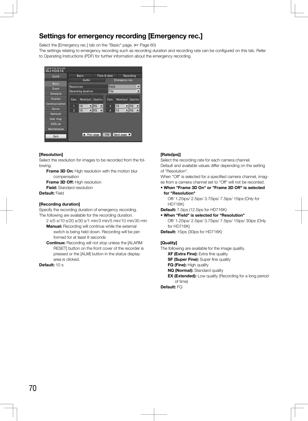 Panasonic WJ-HD716K, WJ-HD616K manual Settings for emergency recording Emergency rec 