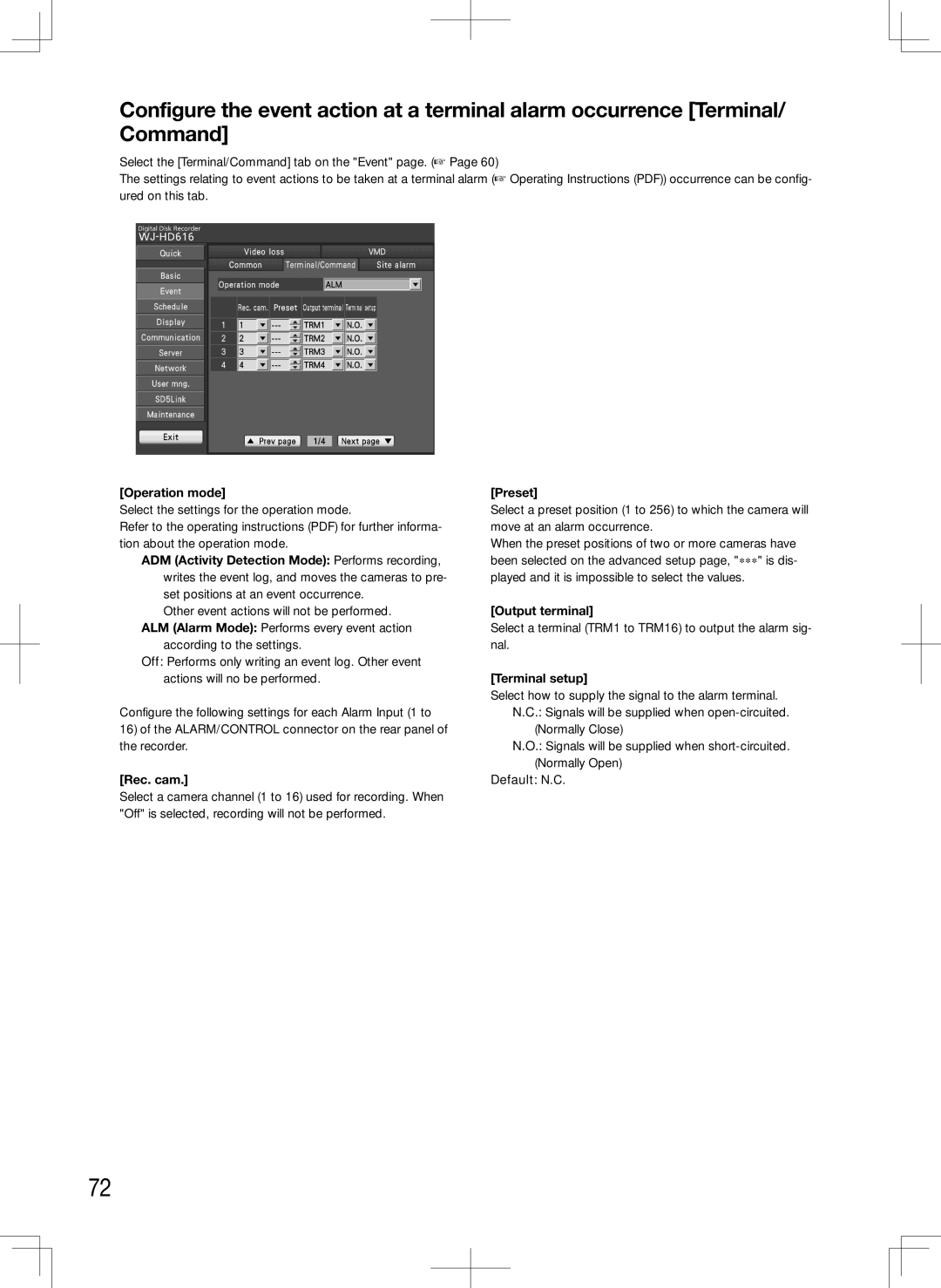 Panasonic WJ-HD716K, WJ-HD616K manual Operation mode, Rec. cam, Preset, Output terminal, Terminal setup, Default N.C 