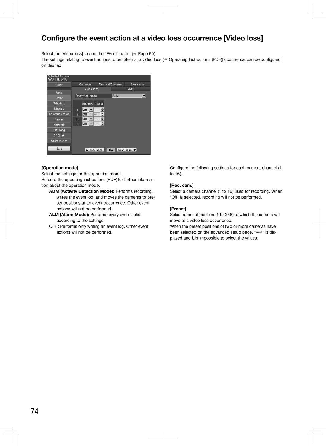 Panasonic WJ-HD716K, WJ-HD616K manual Select the Video loss tab on the Event page 