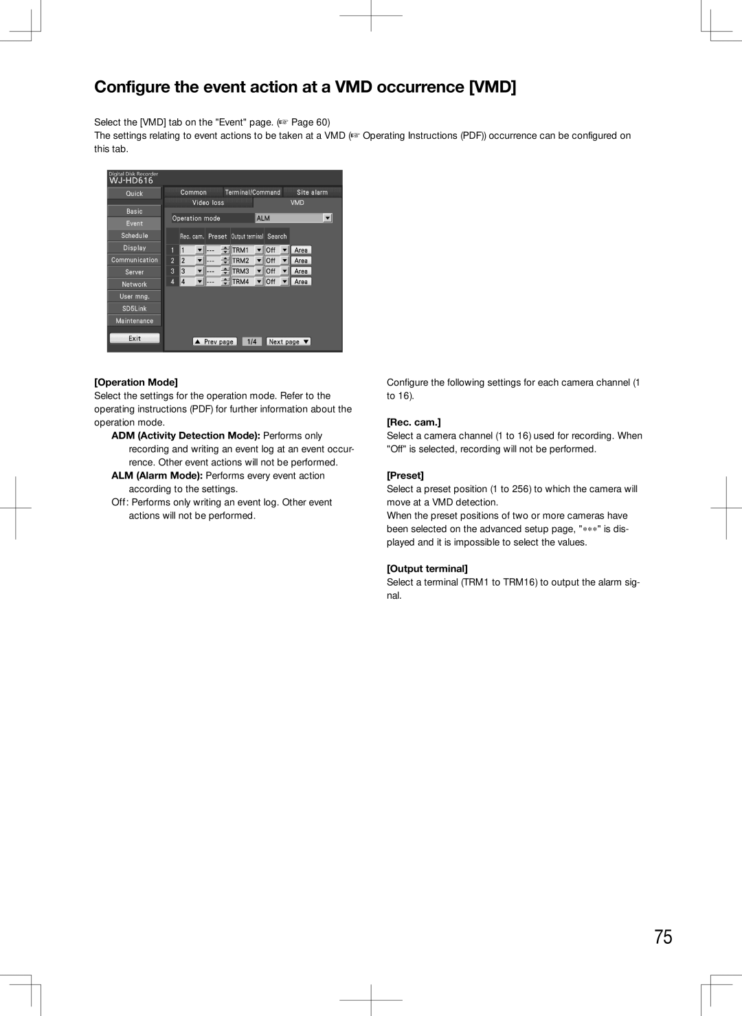 Panasonic WJ-HD616K, WJ-HD716K Configure the event action at a VMD occurrence VMD, Select the VMD tab on the Event page 