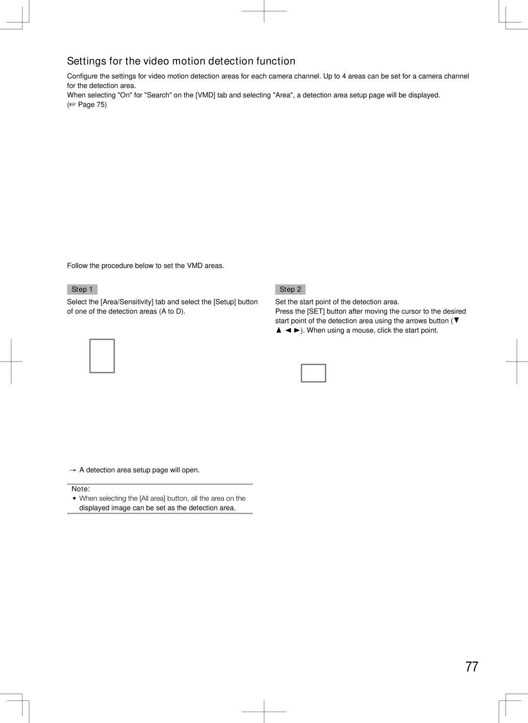 Panasonic WJ-HD616K, WJ-HD716K Settings for the video motion detection function, Set the start point of the detection area 