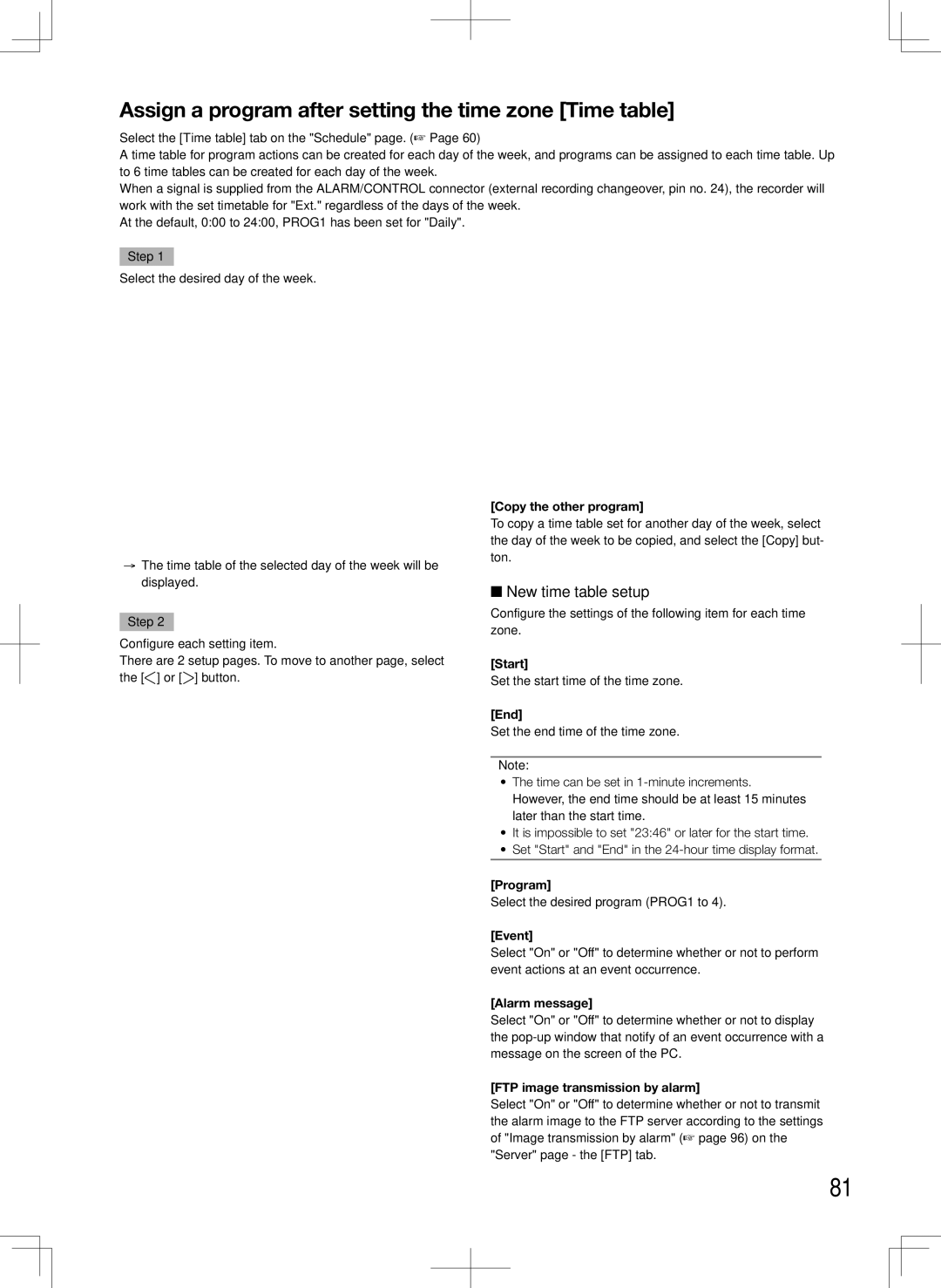 Panasonic WJ-HD616K, WJ-HD716K manual Assign a program after setting the time zone Time table, New time table setup 