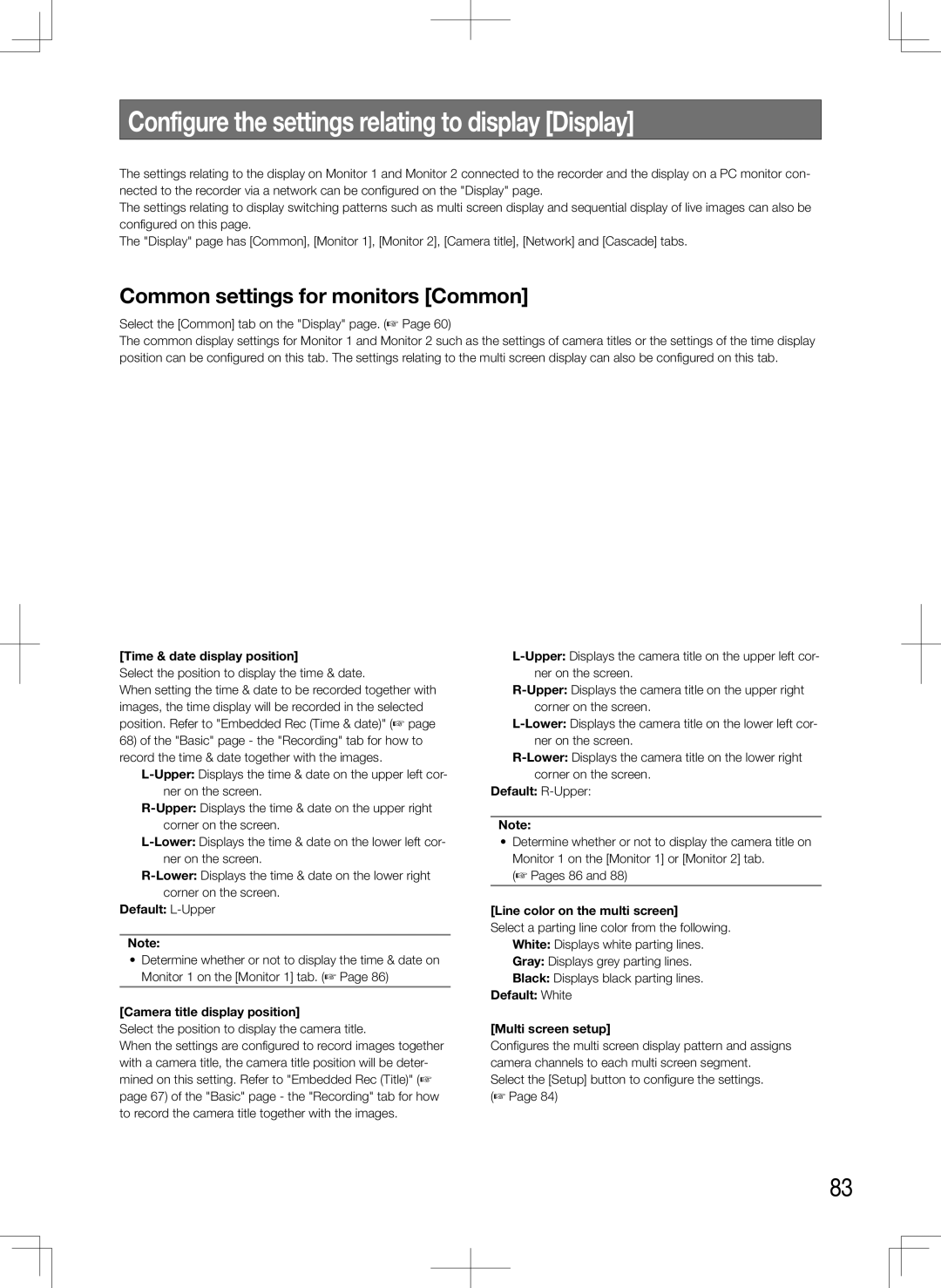 Panasonic WJ-HD616K, WJ-HD716K Configure the settings relating to display Display, Common settings for monitors Common 