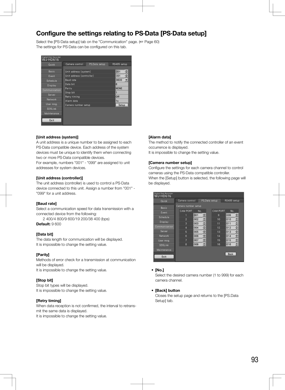 Panasonic WJ-HD616K, WJ-HD716K manual Configure the settings relating to PS·Data PS·Data setup 