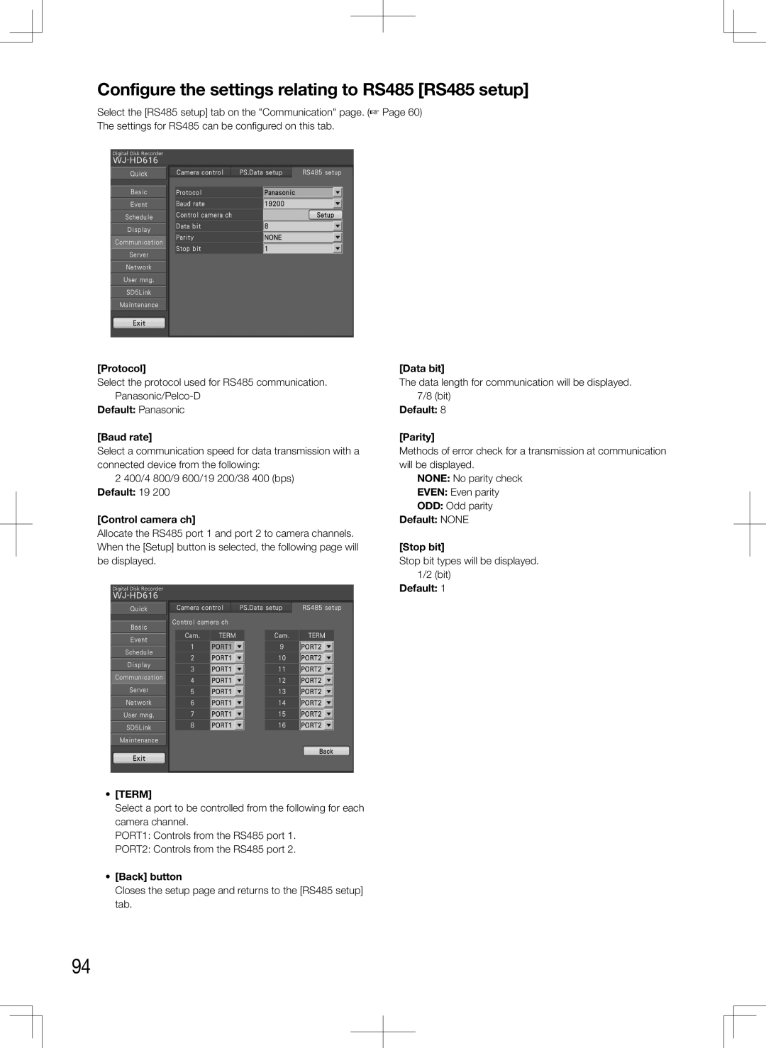 Panasonic WJ-HD716K, WJ-HD616K manual Configure the settings relating to RS485 RS485 setup 