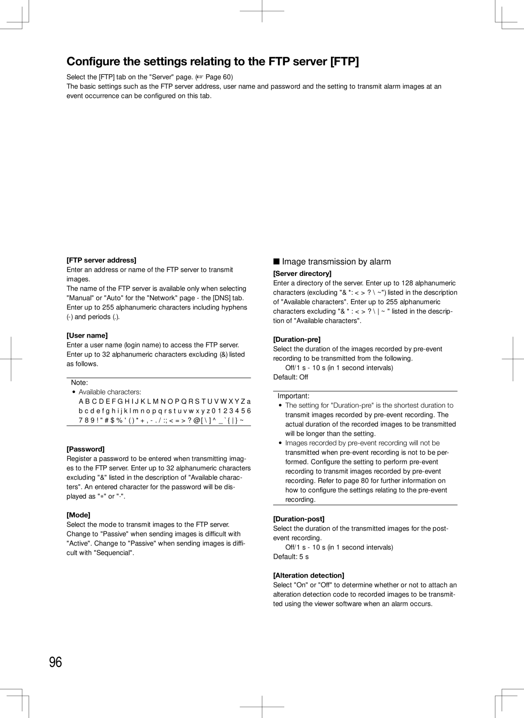 Panasonic WJ-HD716K, WJ-HD616K manual Configure the settings relating to the FTP server FTP, Image transmission by alarm 