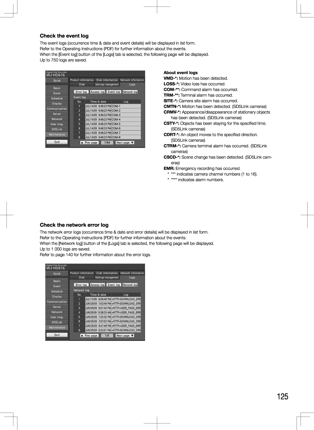 Panasonic WJ-HD616K, WJ-HD716K manual Check the event log, Check the network error log, About event logs 