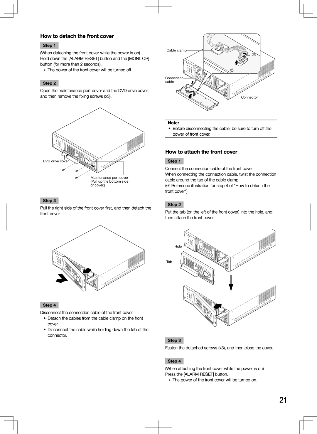 Panasonic WJ-HD616K, WJ-HD716K manual How to detach the front cover, How to attach the front cover, Step 