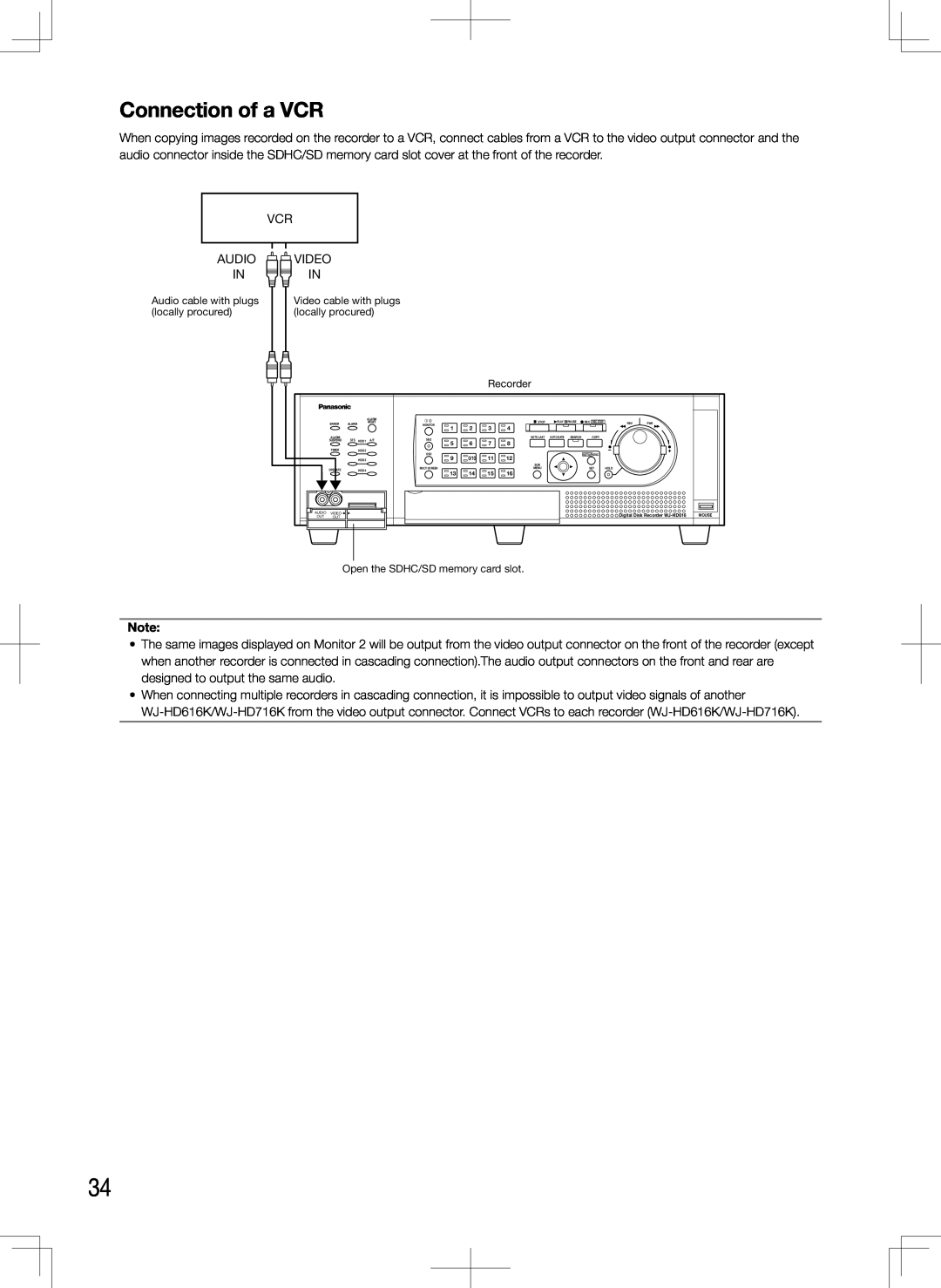 Panasonic WJ-HD716K, WJ-HD616K manual Connection of a VCR 