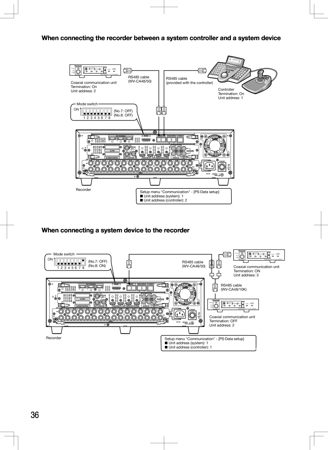 Panasonic WJ-HD716K, WJ-HD616K manual When connecting a system device to the recorder, No.7: OFF, No.8 OFF 