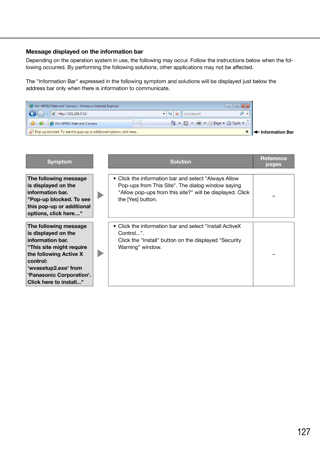 Panasonic WJ-HD716K/G, WJ-HD616K/G manual 127, Message displayed on the information bar 