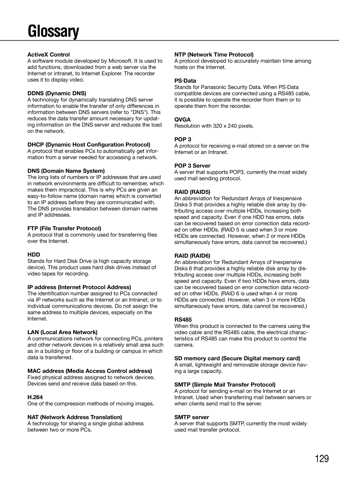 Panasonic WJ-HD716K/G, WJ-HD616K/G manual Glossary, 129 