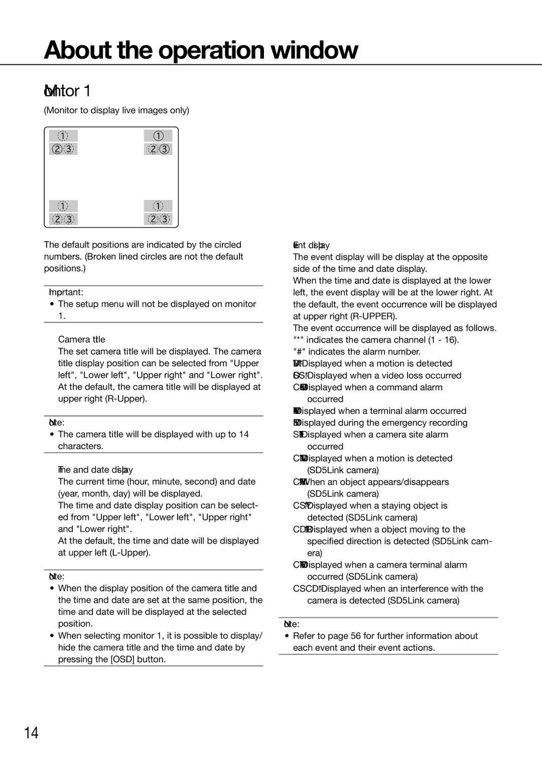 Panasonic WJ-HD616K/G, WJ-HD716K/G About the operation window, Monitor, Camera title, Time and date display, Event display 