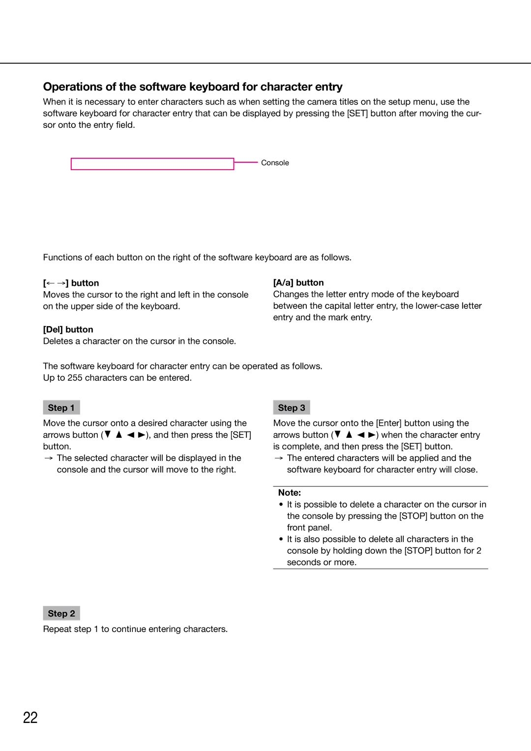 Panasonic WJ-HD616K/G, WJ-HD716K/G Operations of the software keyboard for character entry, ← → button, Del button, Button 