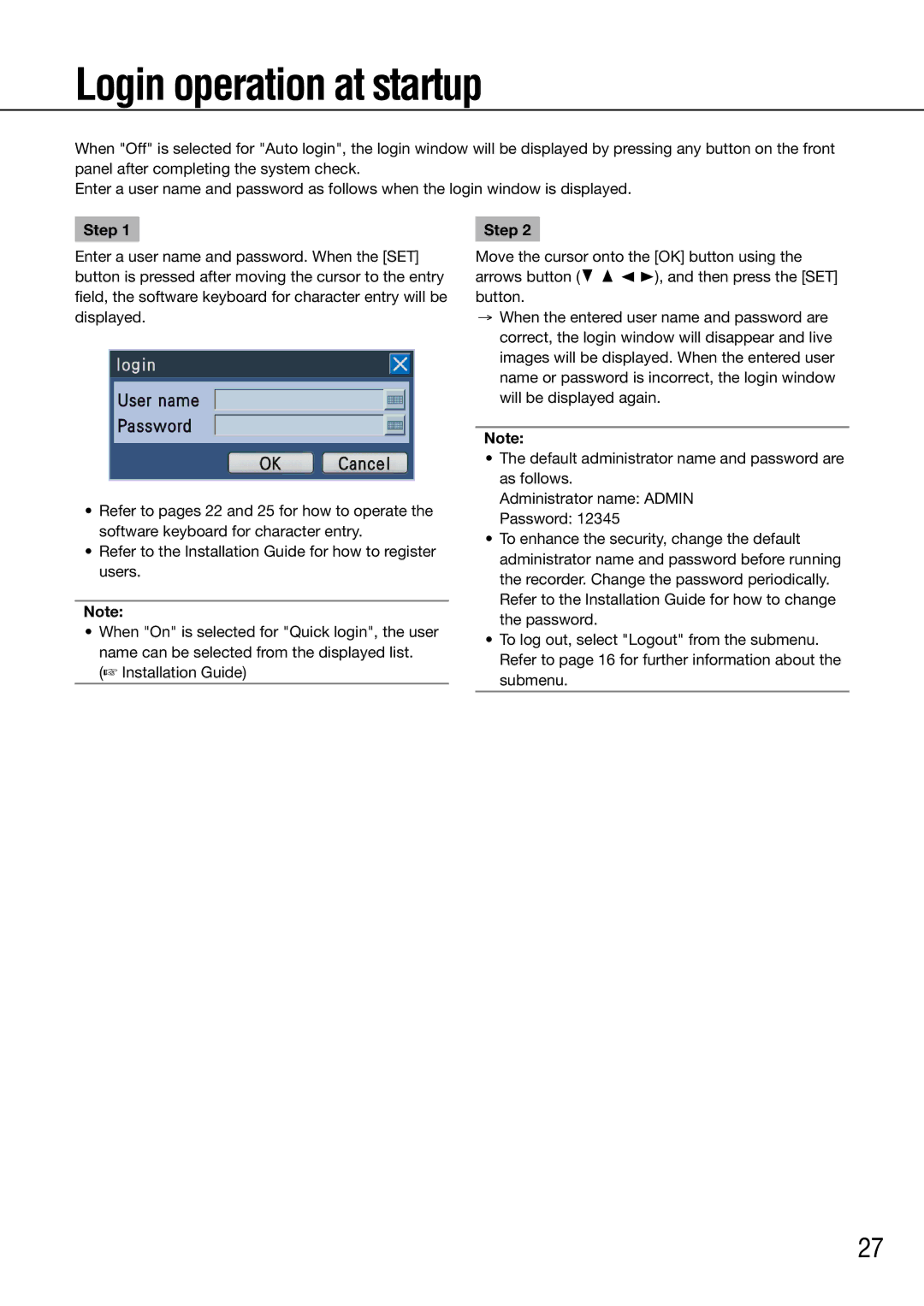 Panasonic WJ-HD716K/G, WJ-HD616K/G manual Login operation at startup 