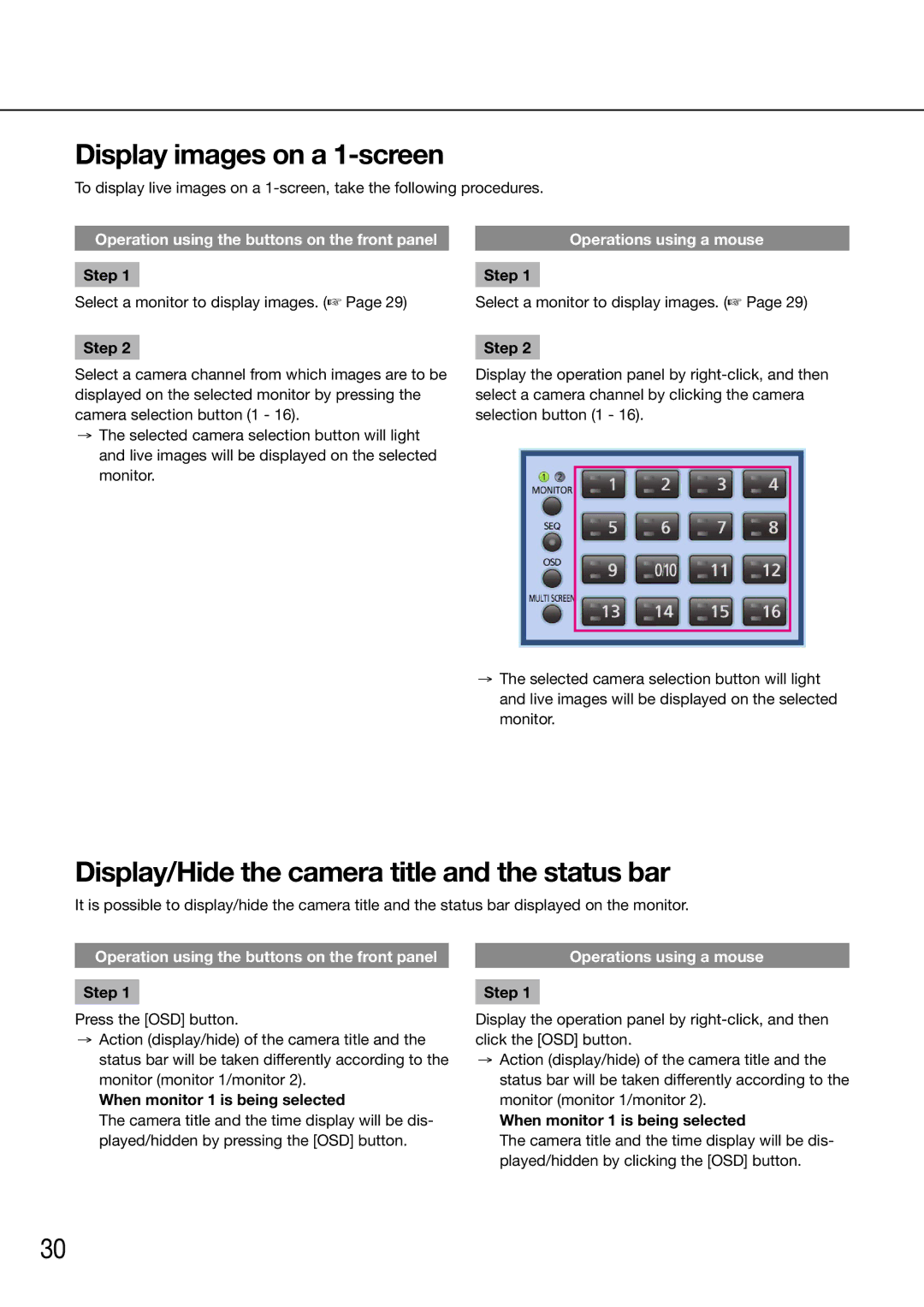 Panasonic WJ-HD616K/G, WJ-HD716K/G manual Display images on a 1-screen, Display/Hide the camera title and the status bar 