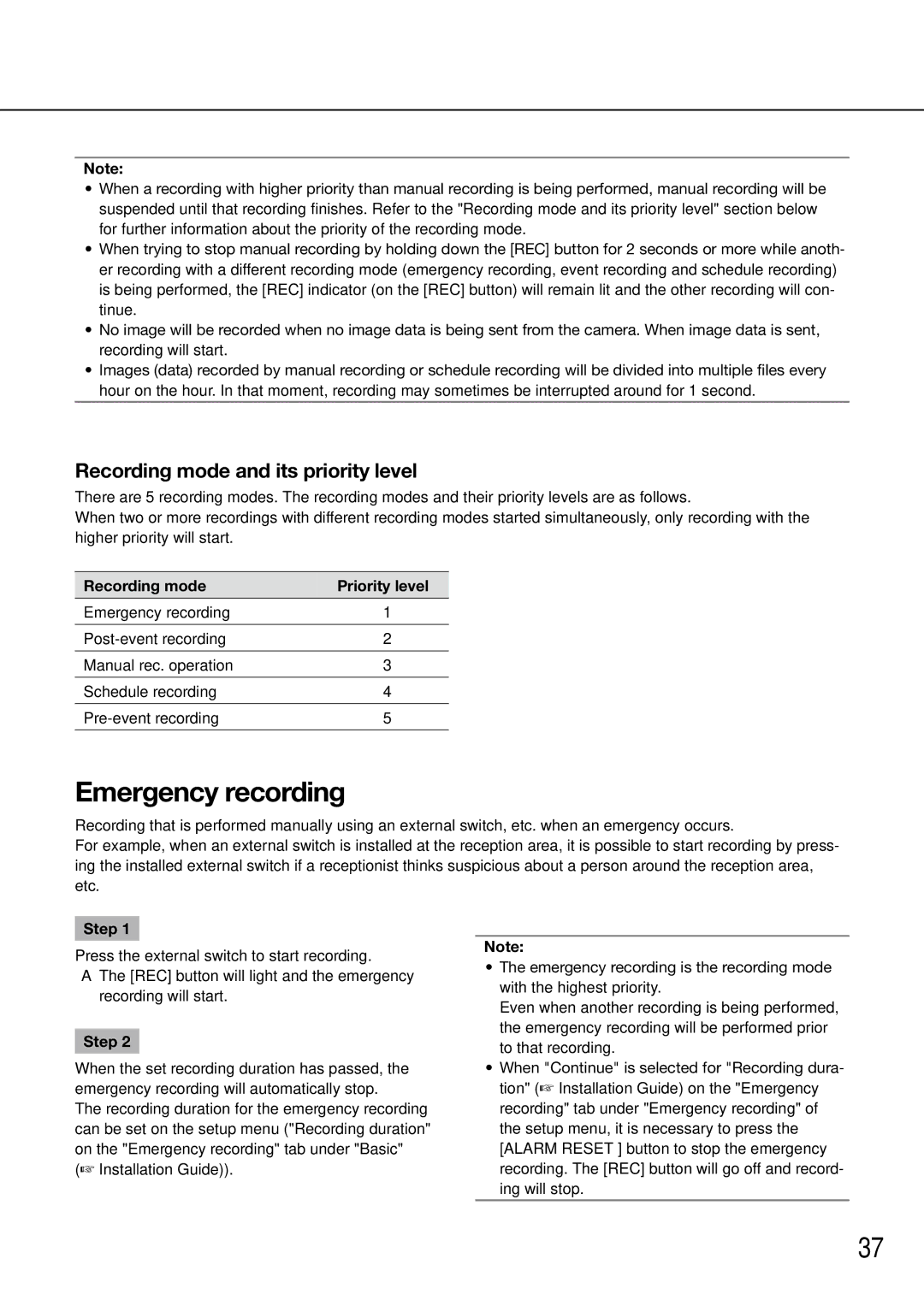 Panasonic WJ-HD716K/G manual Emergency recording, Recording mode and its priority level, Recording mode Priority level 