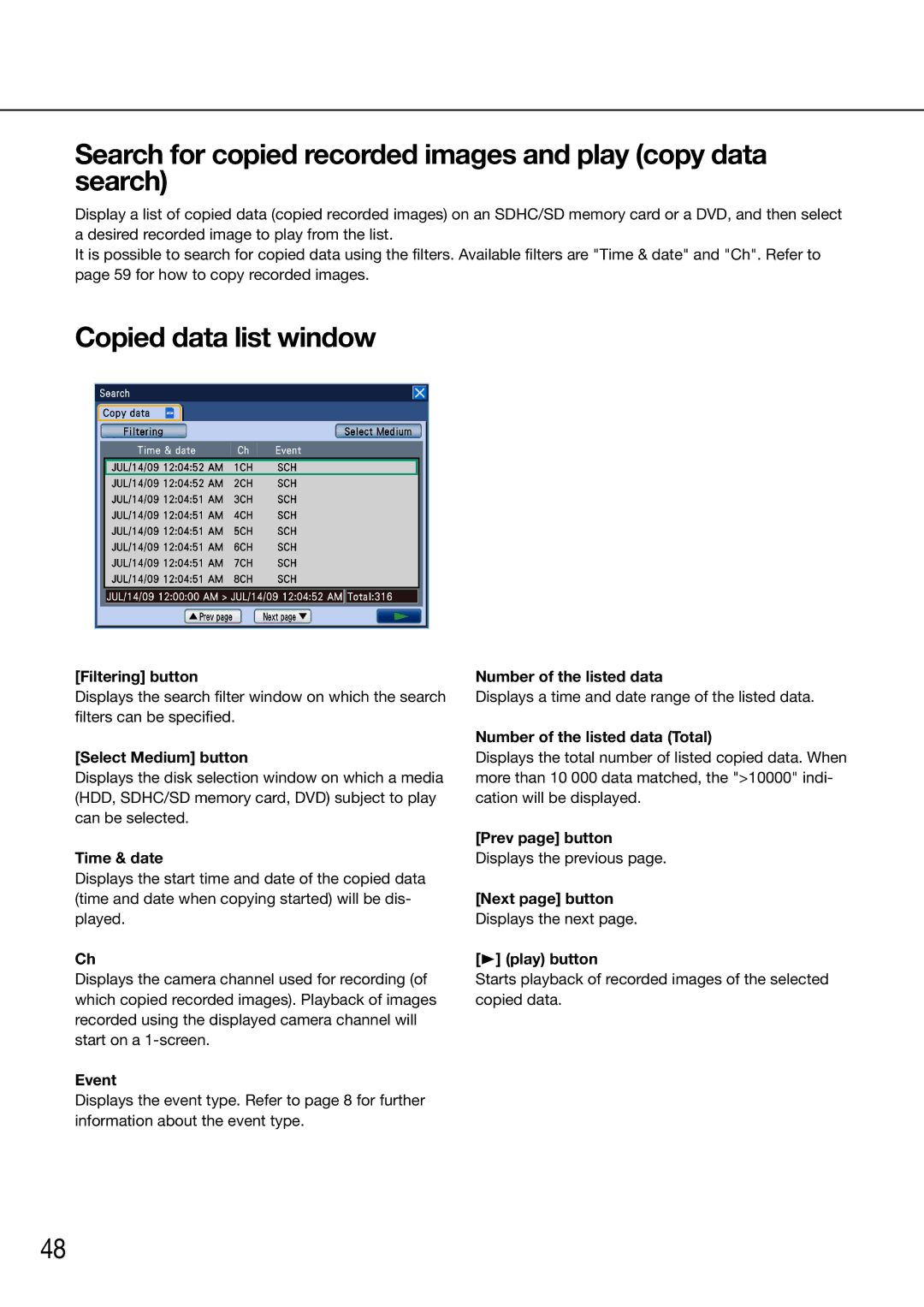 Panasonic WJ-HD716K/G, WJ-HD616K/G Search for copied recorded images and play copy data search, Copied data list window 