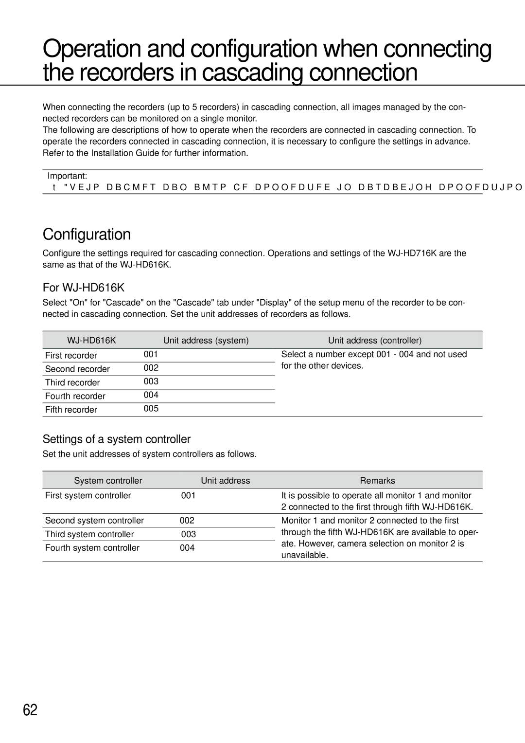 Panasonic WJ-HD616K/G, WJ-HD716K/G manual Configuration, For WJ-HD616K, Settings of a system controller 