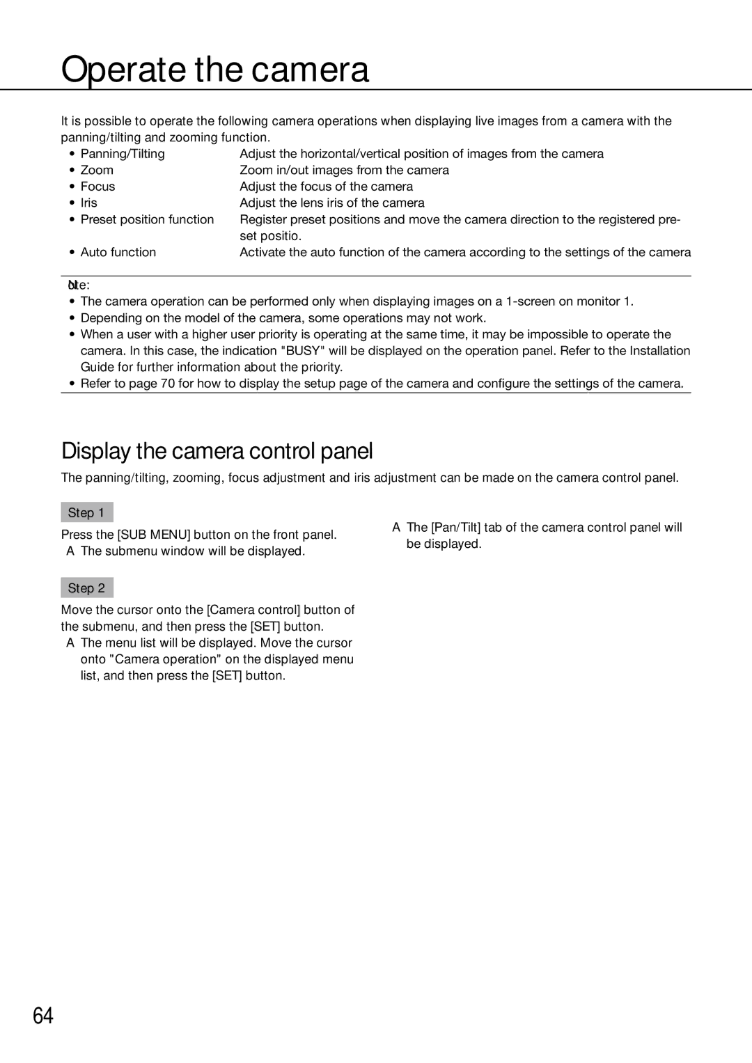 Panasonic WJ-HD716K/G, WJ-HD616K/G manual Operate the camera, Display the camera control panel 