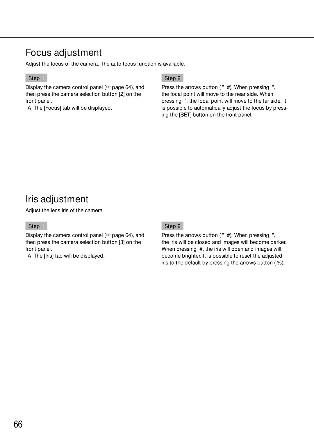 Panasonic WJ-HD616K/G, WJ-HD716K/G manual Focus adjustment, Iris adjustment 