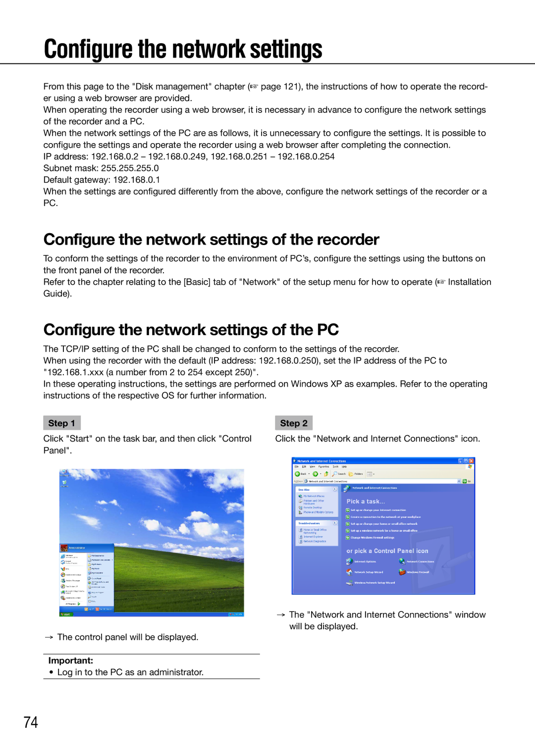 Panasonic WJ-HD616K/G manual Configure the network settings of the recorder, Configure the network settings of the PC 