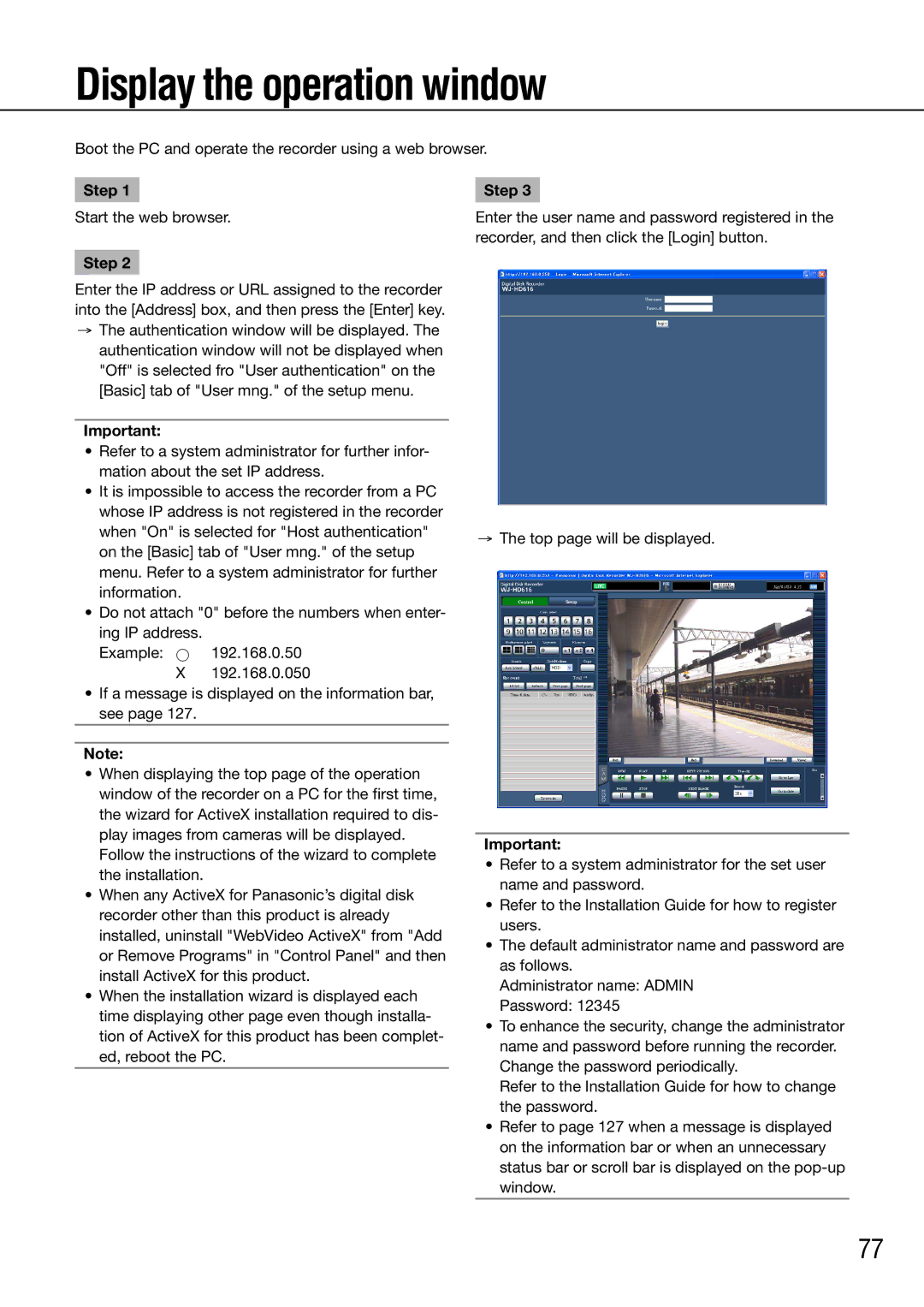 Panasonic WJ-HD716K/G, WJ-HD616K/G manual Display the operation window 