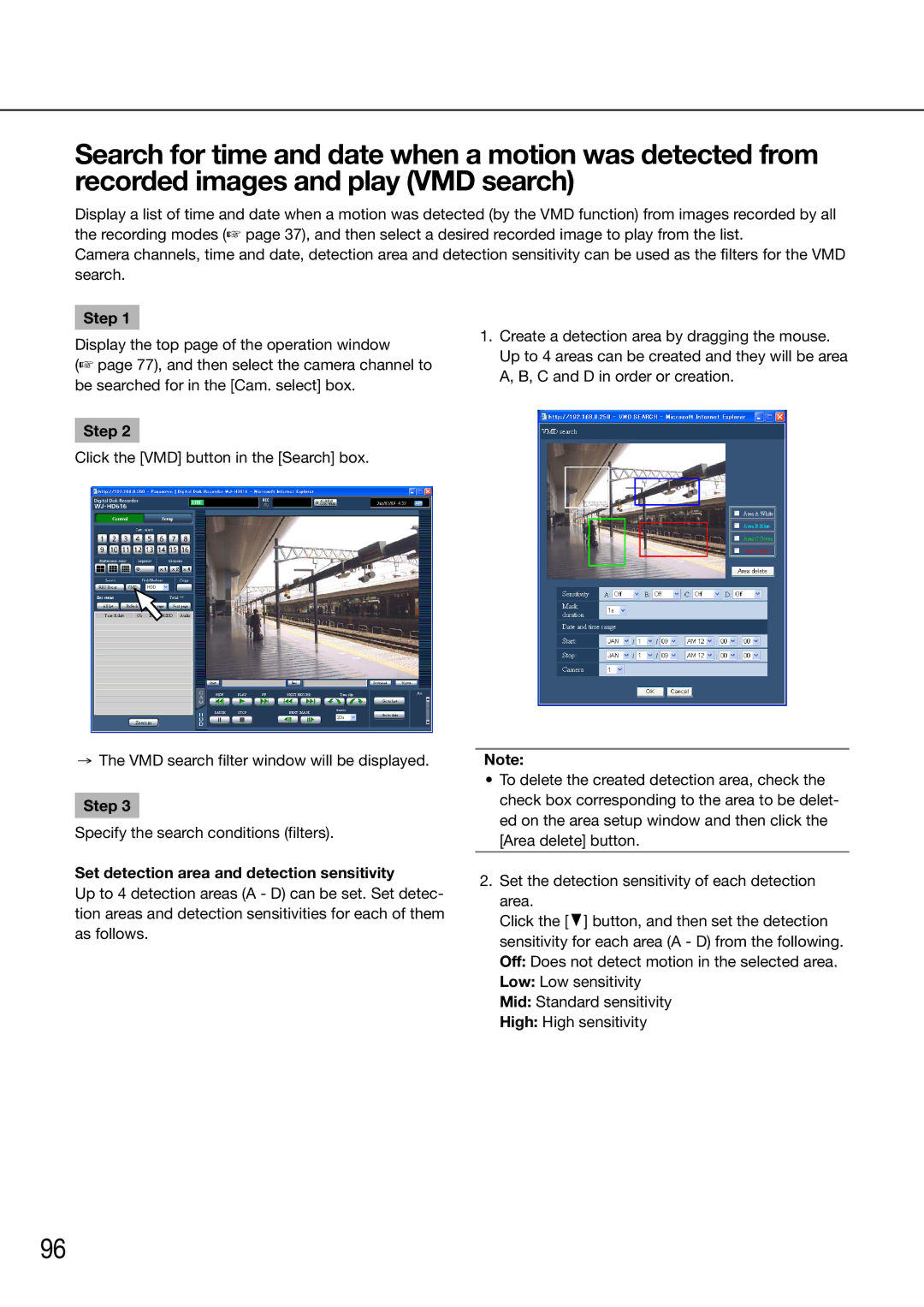 Panasonic WJ-HD716K/G, WJ-HD616K/G manual Set detection area and detection sensitivity 